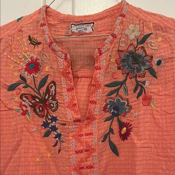 LIKE NEW Johnny Was Embroidered Orange Blouse with Floral and Butterfly Design - Picture 2 of 9